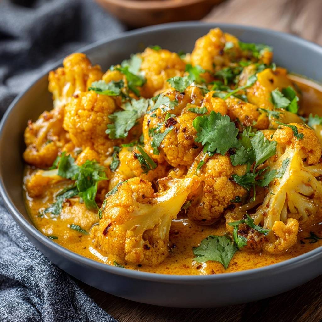 Indisches Blumenkohl-Curry als Nahaufnahme mit frischem Koriander garniert in einer grauen Schüssel