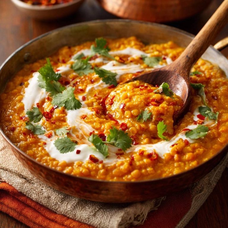Cremiges indisches Linsen-Dal mit einem Holzkochlöffel, garniert mit Koriander und Chiliflocken.