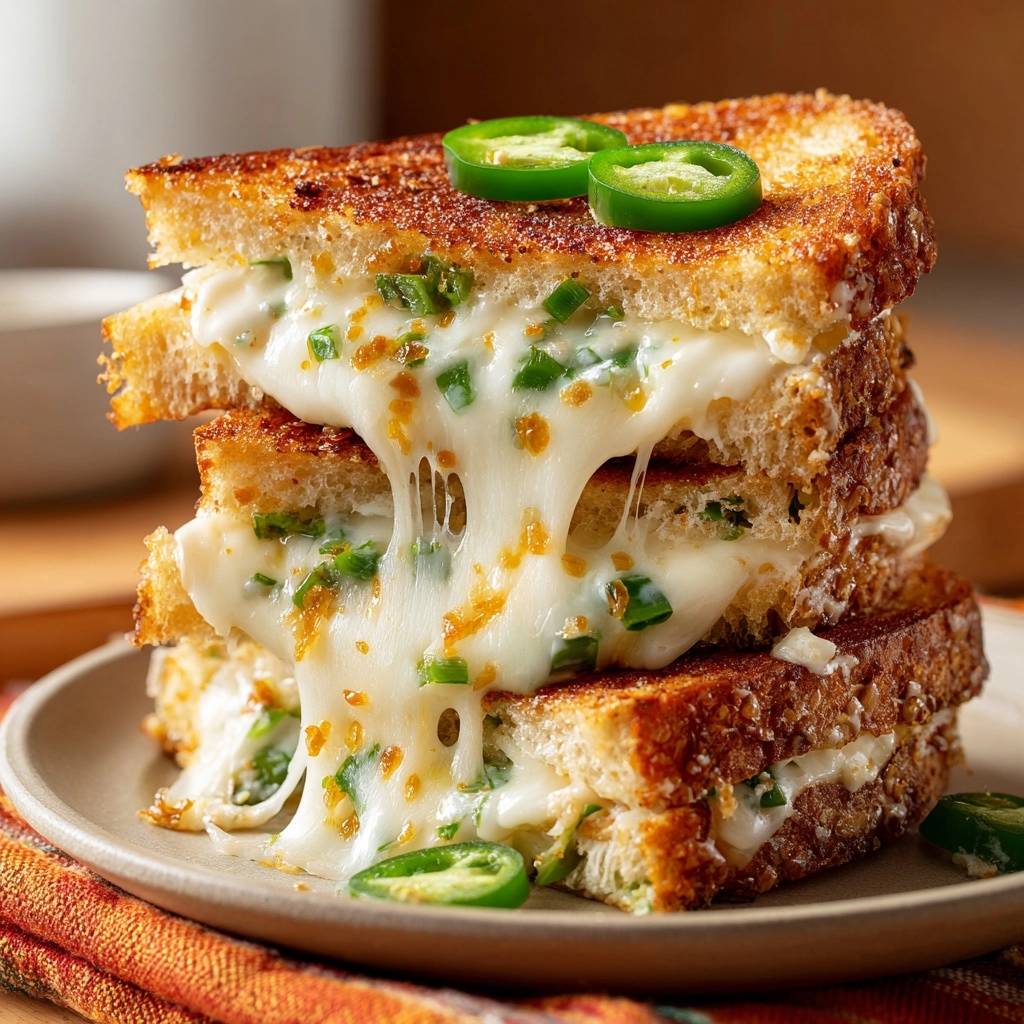 Knuspriger Jalapeño-Käsetoast mit extrem geschmolzenem Käse, der Fäden zieht, garniert mit Jalapeño-Scheiben.