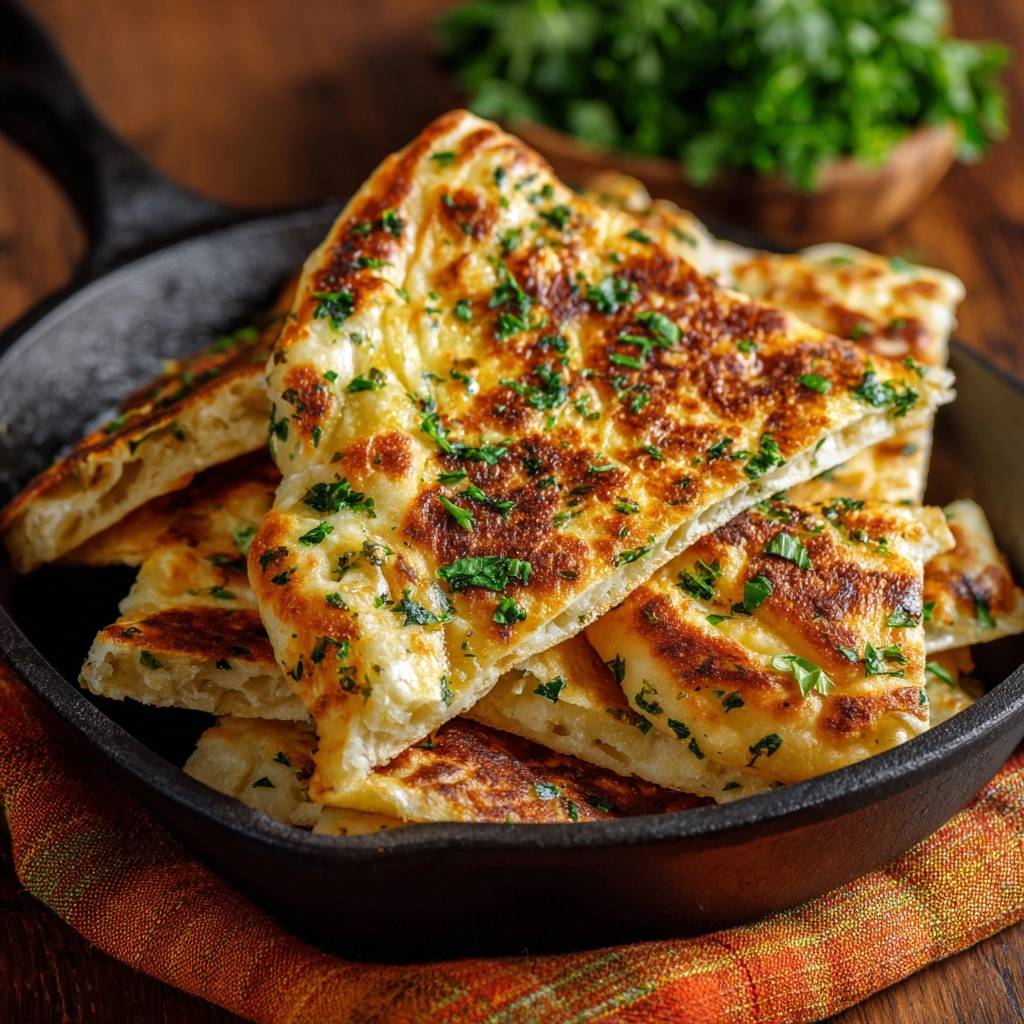 Knuspriger Käse-Naan angeschnitten im Gusseisenpfännchen, mit frischer Petersilie bestreut und nah aufgenommen.