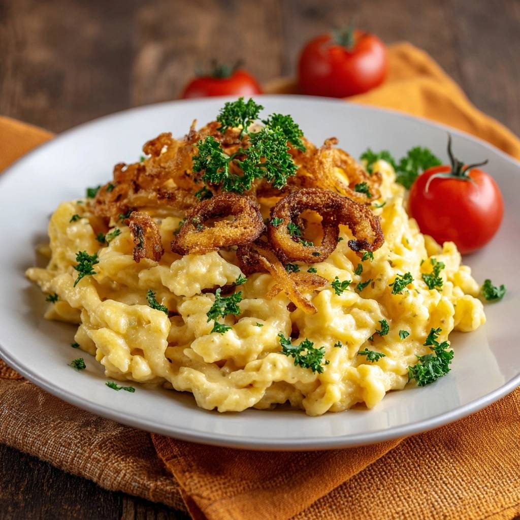 Käsespätzle mit knusprigen Zwiebelringen, garniert mit frischer Petersilie und serviert auf einem Teller.