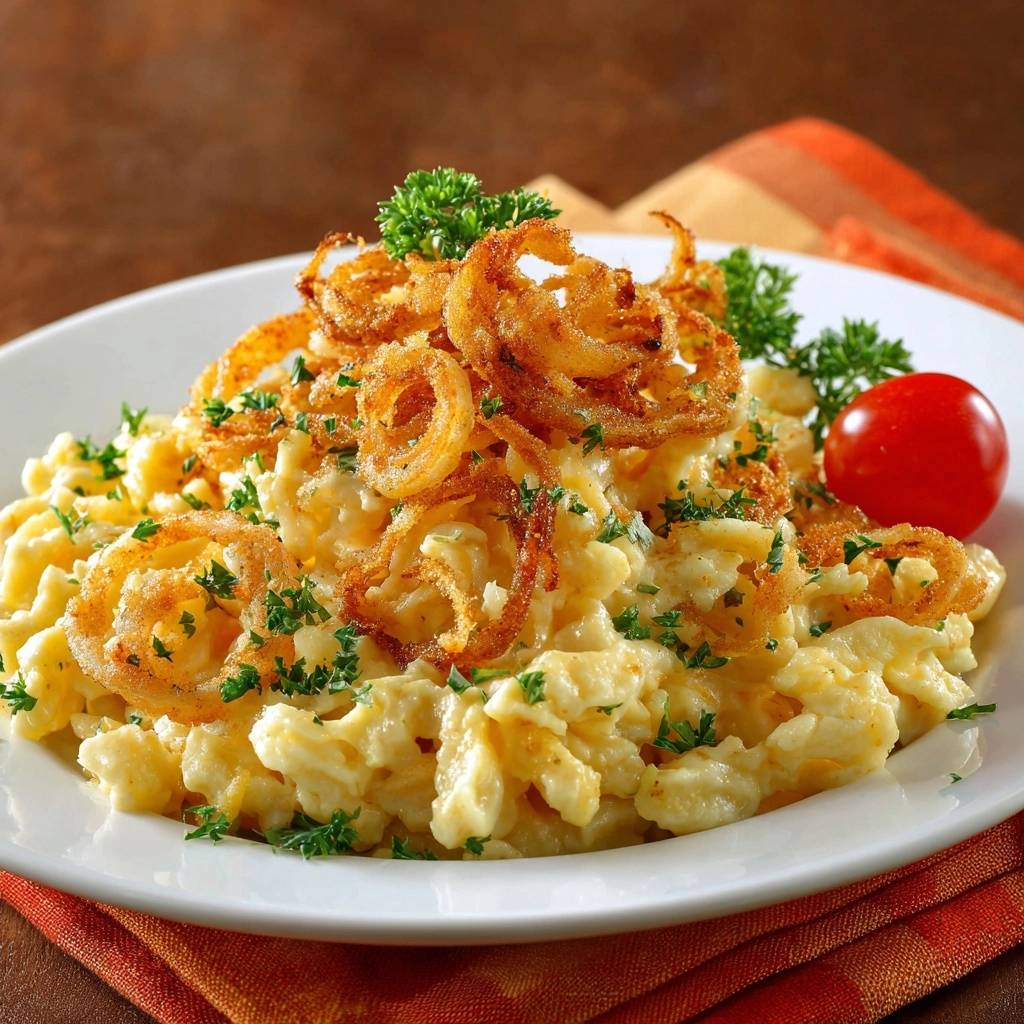 Käsespätzle mit knusprigen Zwiebelringen, garniert mit Petersilie und einer Kirschtomate, serviert auf einem Teller.