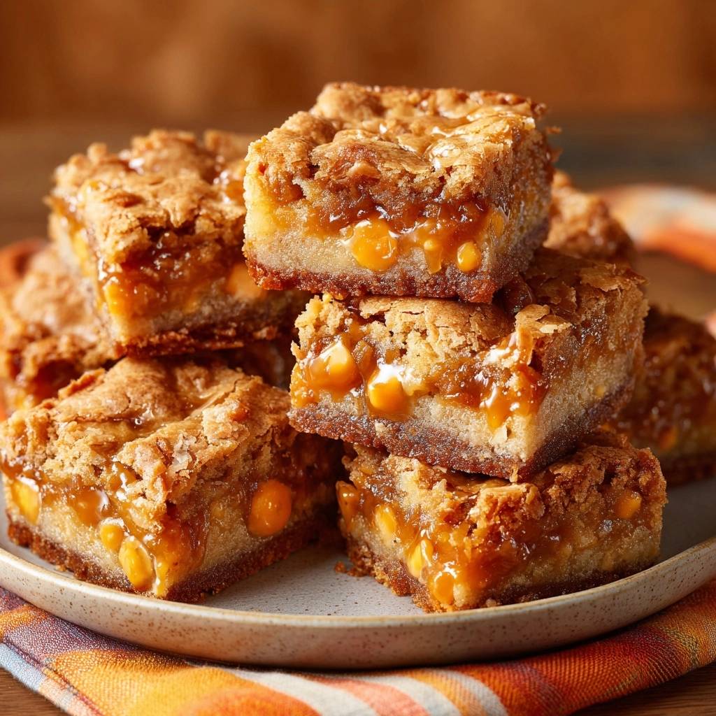 Knusprige Karamell-Butterscotch-Crumble-Riegel zeigen ihren saftigen Kern in einer Nahaufnahme.