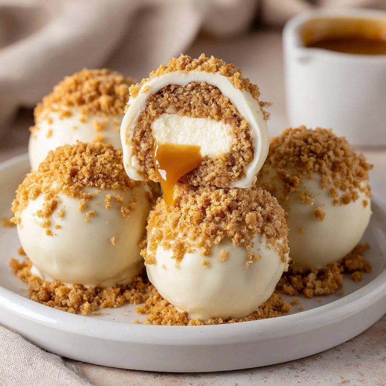 Karamell-Cheesecake-Bällchen – angeschnitten mit cremigem Inneren und knusprigem Keks-Topping, Karamellsauce tropft herab.