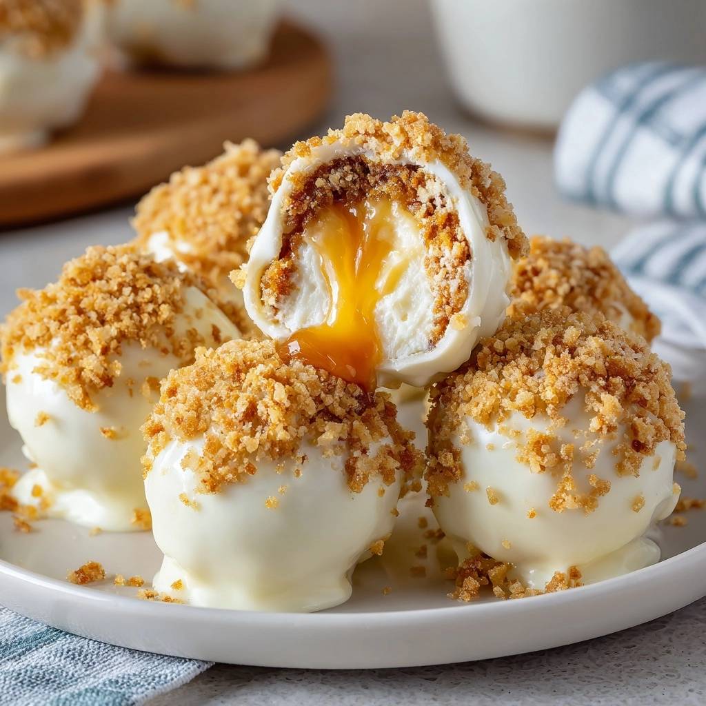 Karamell-Cheesecake-Bällchen – knusprig & cremig, angeschnitten mit flüssigem Karamell im Inneren