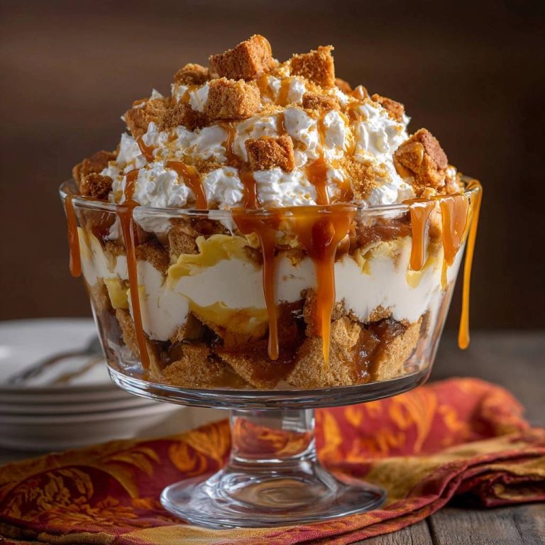Karamell-Knusper-Parfait im Glas mit Löffel und Serviette, detaillierte Nahaufnahme der Schichten und Karamelltropfen.