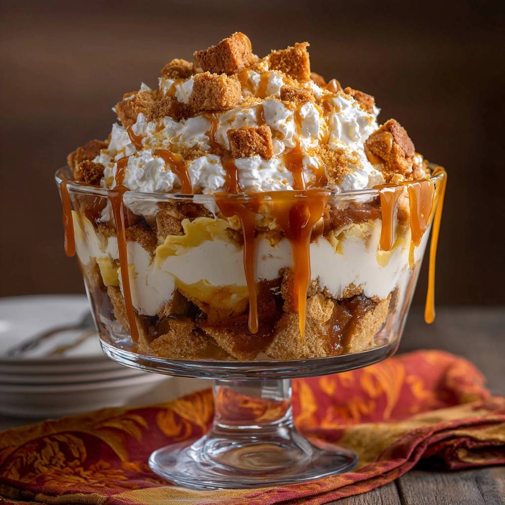 Karamell-Knusper-Parfait im Glas mit Löffel und Serviette, detaillierte Nahaufnahme der Schichten und Karamelltropfen.