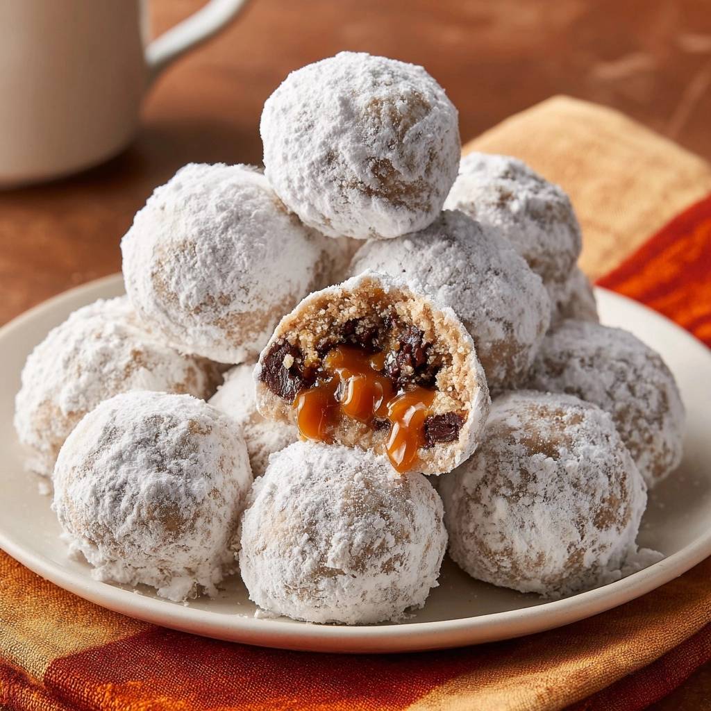 Karamell-Rosinen-Schneekugeln mit einer aufgeschnittenen Kugel, die geschmolzenes Karamell und Rosinen im Inneren zeigt.