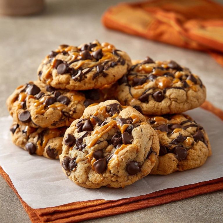 Karamell-Schoko-Chip-Cookies: Dick & Chewy Rezept, Nahaufnahme eines Stapels köstlicher, frisch gebackener Cookies mit Karamellglasur.