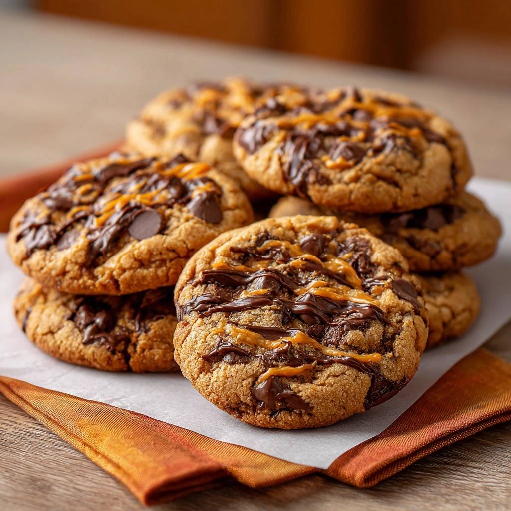 Karamell-Schoko-Chip-Cookies, eine Nahaufnahme mit deutlicher Schoko- und Karamellglasur, die über die gebackenen Kekse geträufelt ist.