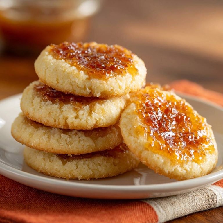 Knusprige Karamell-Shortbread auf einem Teller gestapelt und mit glänzendem Karamell glasiert.