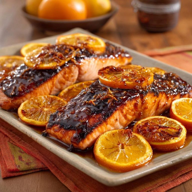 Karamellisierter Orangen-Lachs, saftig und karamellisiert, serviert mit karamellisierten Orangenscheiben und glänzender Glasur.