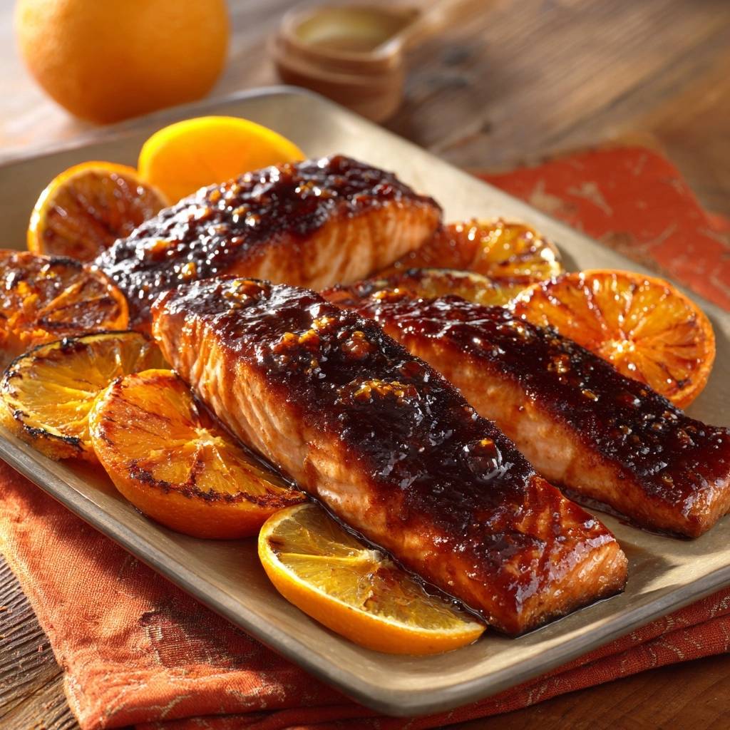 Karamellisierter Orangen-Lachs saftig und karamellisiert, mit leckerer Glasur und Orangenscheiben serviert.