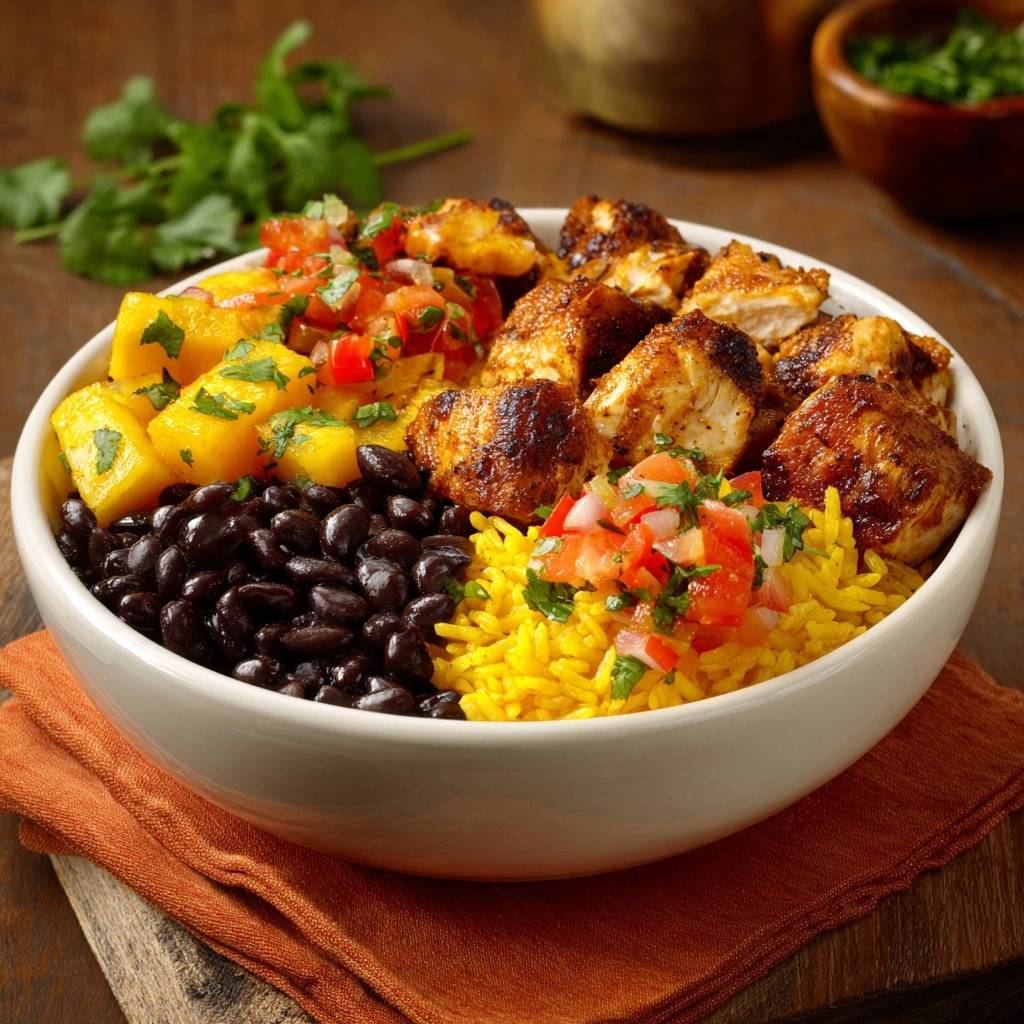 Karibische Blumenkohl-Bowl mit gelbem Reis, schwarzen Bohnen und Ananas-Salsa, Nahaufnahme der servierten Zutaten.