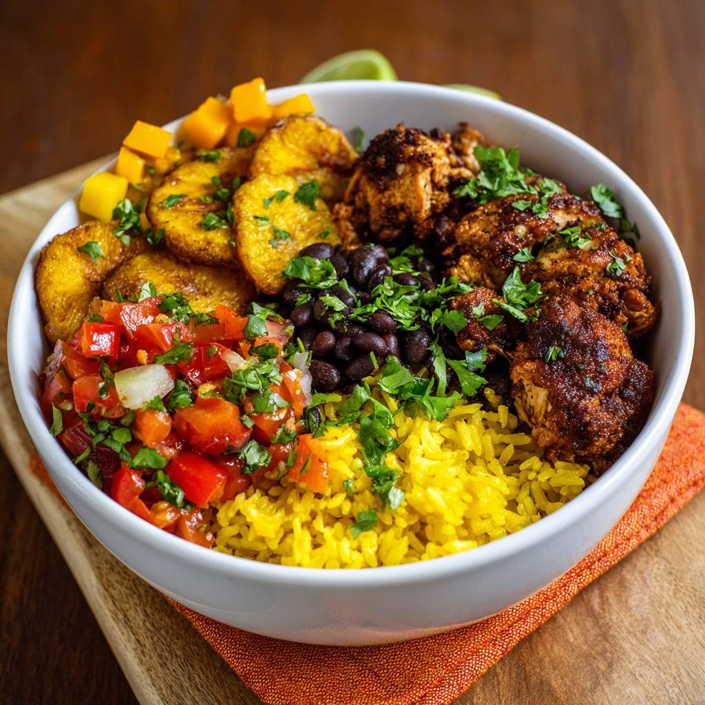 Karibische Blumenkohl-Bowl knusprig vegan, Nahaufnahme der einzelnen Komponenten in einer weißen Schüssel.