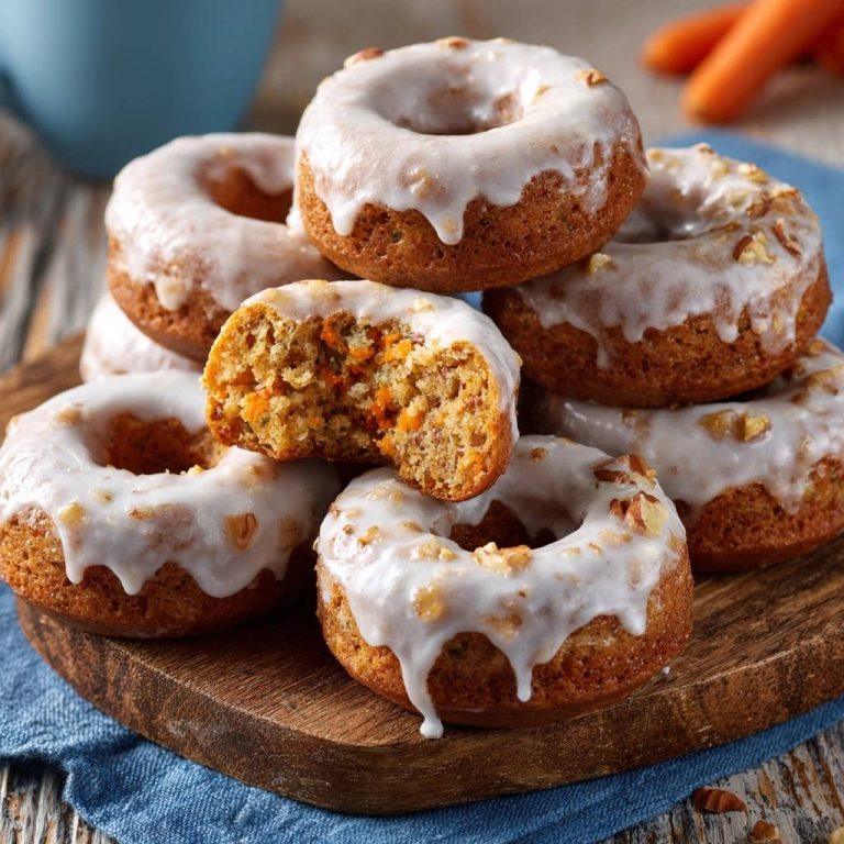 Saftige Karotten-Donuts mit Glasur, ein angeschnittener Donut zeigt das Innere mit Karottenstücken und Nüssen.