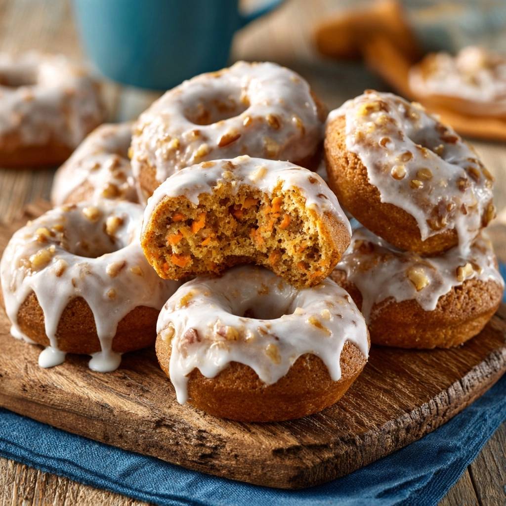 Saftige Karotten-Donuts angeschnitten mit einer weißen Glasur und gehackten Nüssen, die das Innere zeigen.