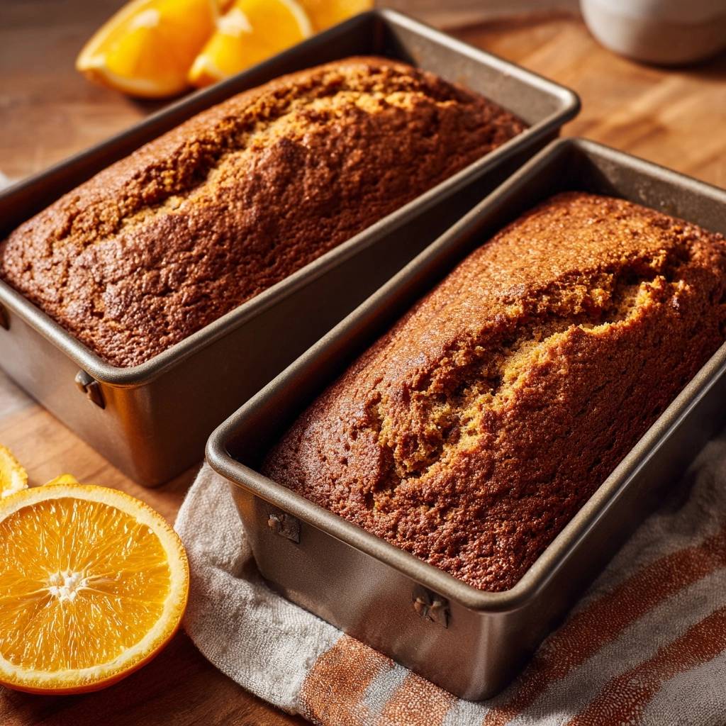 Saftiger Karotten-Orangen-Kuchen frisch aus zwei rechteckigen Backformen auf einem Holztisch