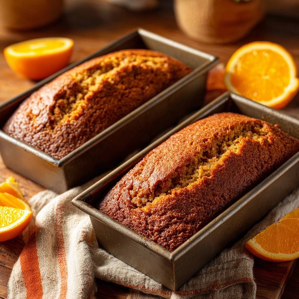 Saftiger Karotten-Orangen-Kuchen frisch aus dem Ofen, zwei Kuchen in Metallformen nebeneinander gebacken.