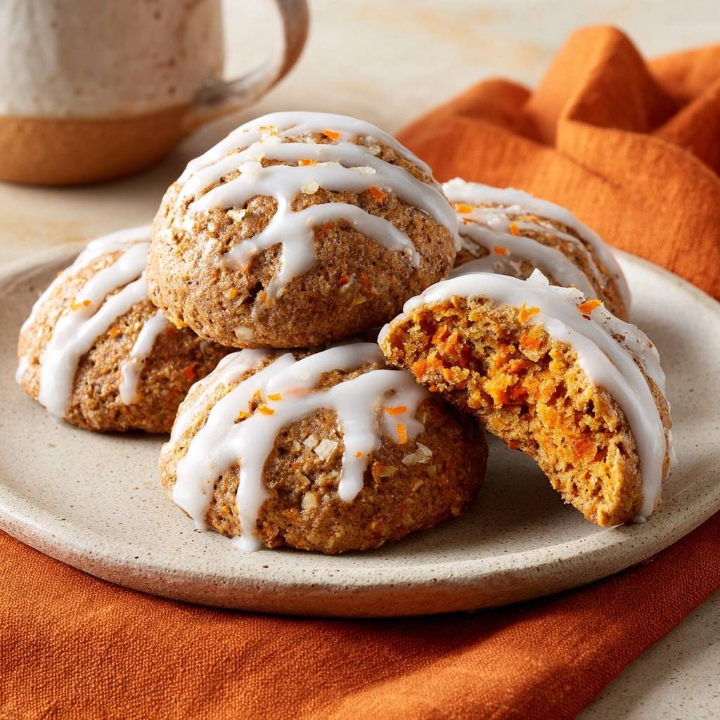 Saftige Karottenkekse angeschnitten mit süßer Glasur und Orangenschale-Garnitur, die den feuchten Keks-Kern zeigen.