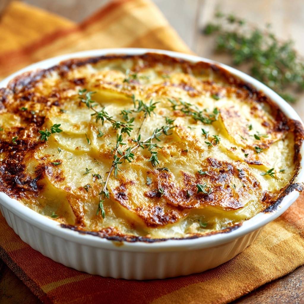 Perfektes Kartoffel-Thymian-Gratin, cremig und nie wässrig, mit frischem Thymian garniert in einer weißen Auflaufform.