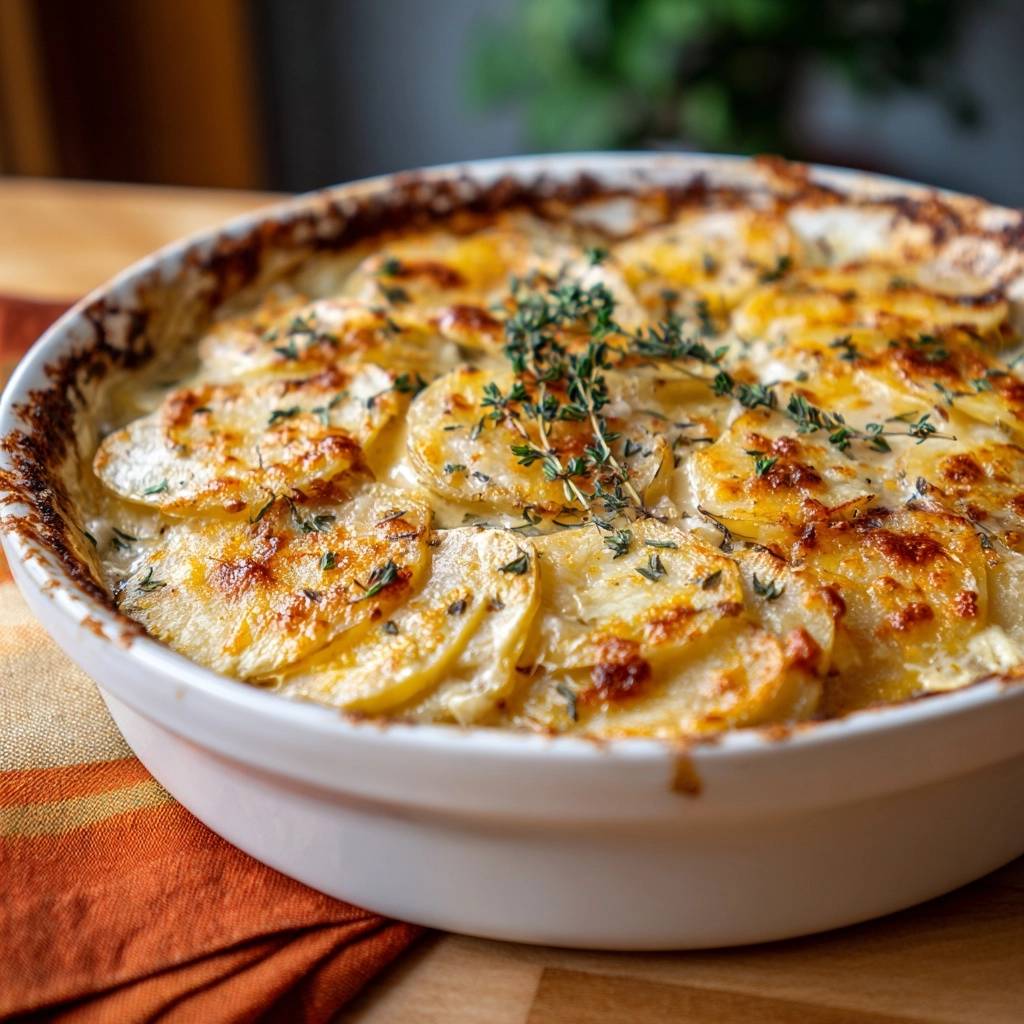 Perfektes Kartoffel-Thymian-Gratin, cremig und nie wässrig, mit frischem Thymian garniert und goldbraun gebacken