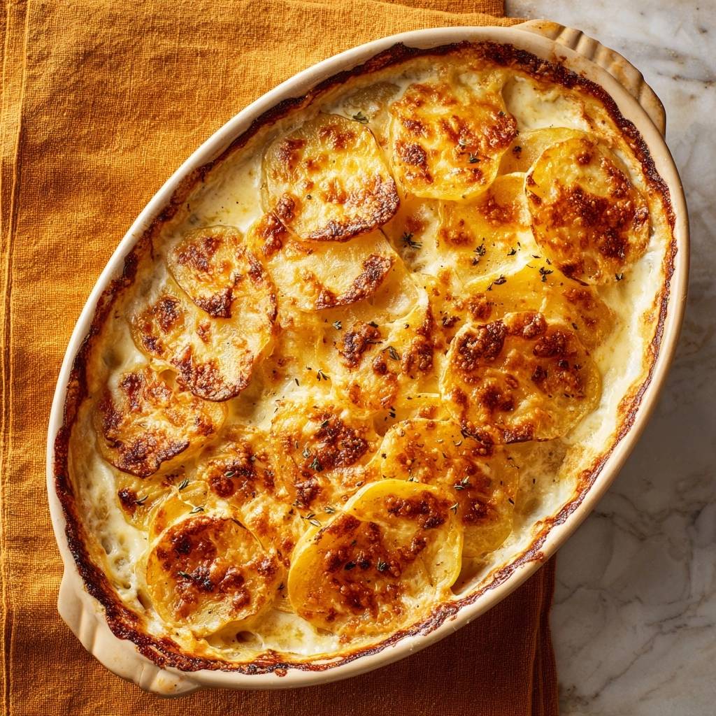 Perfektes Kartoffelgratin mit knuspriger Kruste, von oben aufgenommen in einer Auflaufform.