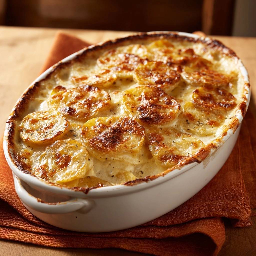 Perfektes Kartoffelgratin mit knuspriger Kruste, frisch aus der weissen Ofenform mit Griffen.