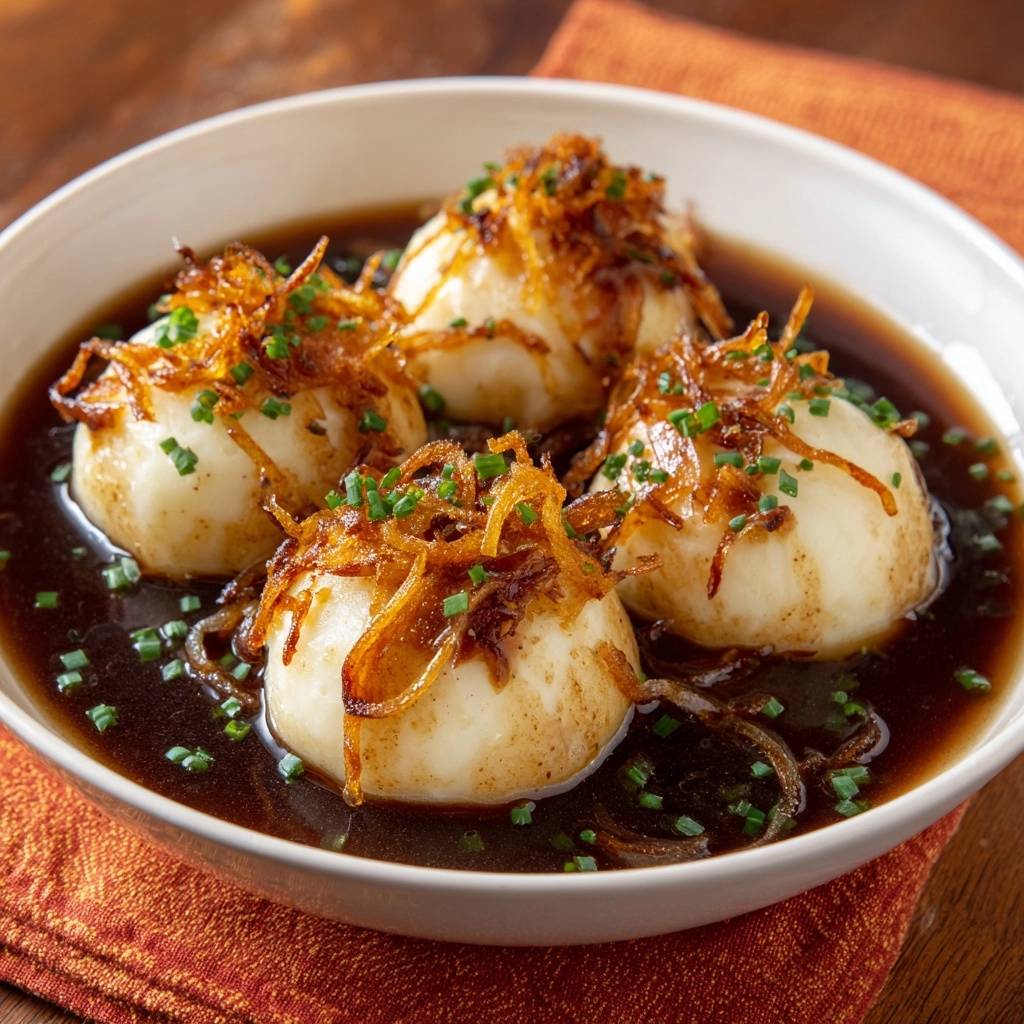 Kartoffelknödel in goldbrauner Zwiebelsoße, serviert in einer weißen Schüssel und garniert mit knusprigen Zwiebeln und Schnittlauch.