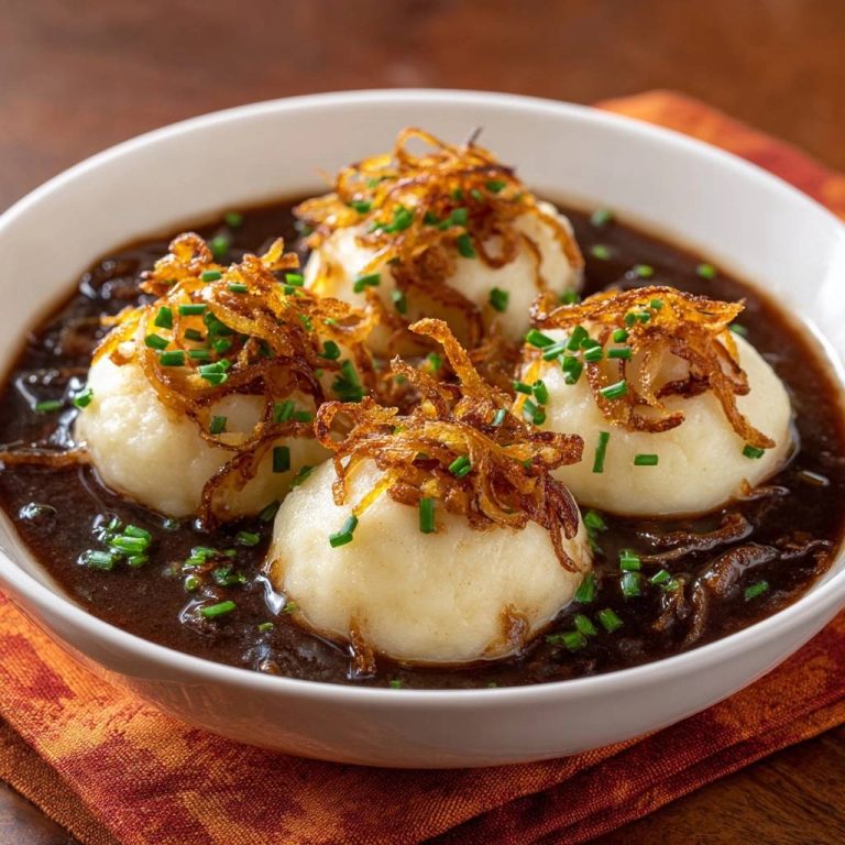 Kartoffelknödel in goldbrauner Zwiebelsoße, appetitlich garniert mit Röstzwiebeln und Schnittlauch