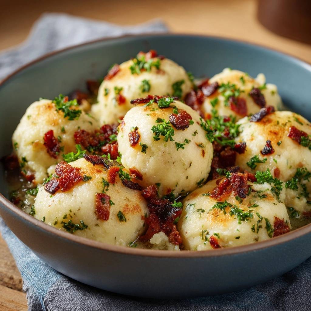 Kartoffelknödel mit Räuchertofu und Petersilie, garniert mit Speck und frischen Kräutern, serviert in einer blauen Schüssel.