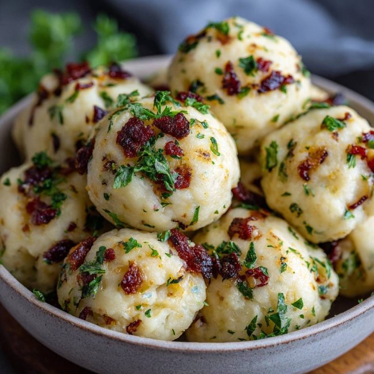 Kartoffelknödel mit Räuchertofu und Petersilie, garniert mit getrockneten Tomatenstücken und frischer Petersilie, nahaufnahme im grauen Teller.