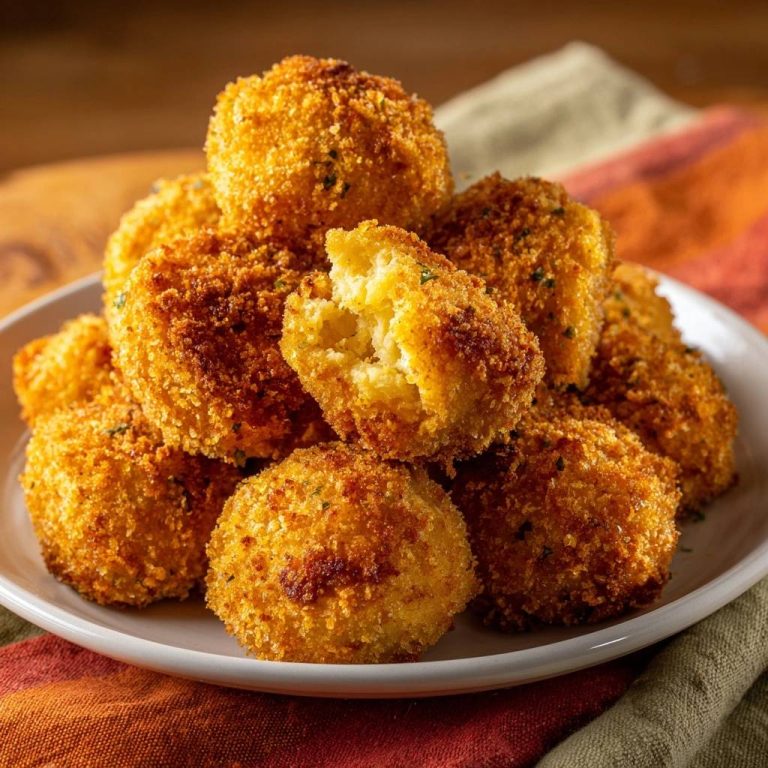 Knusprige Kartoffelkäse-Bällchen angeschnitten, die die goldbraune Panade und das herzhafte Innere zeigen.
