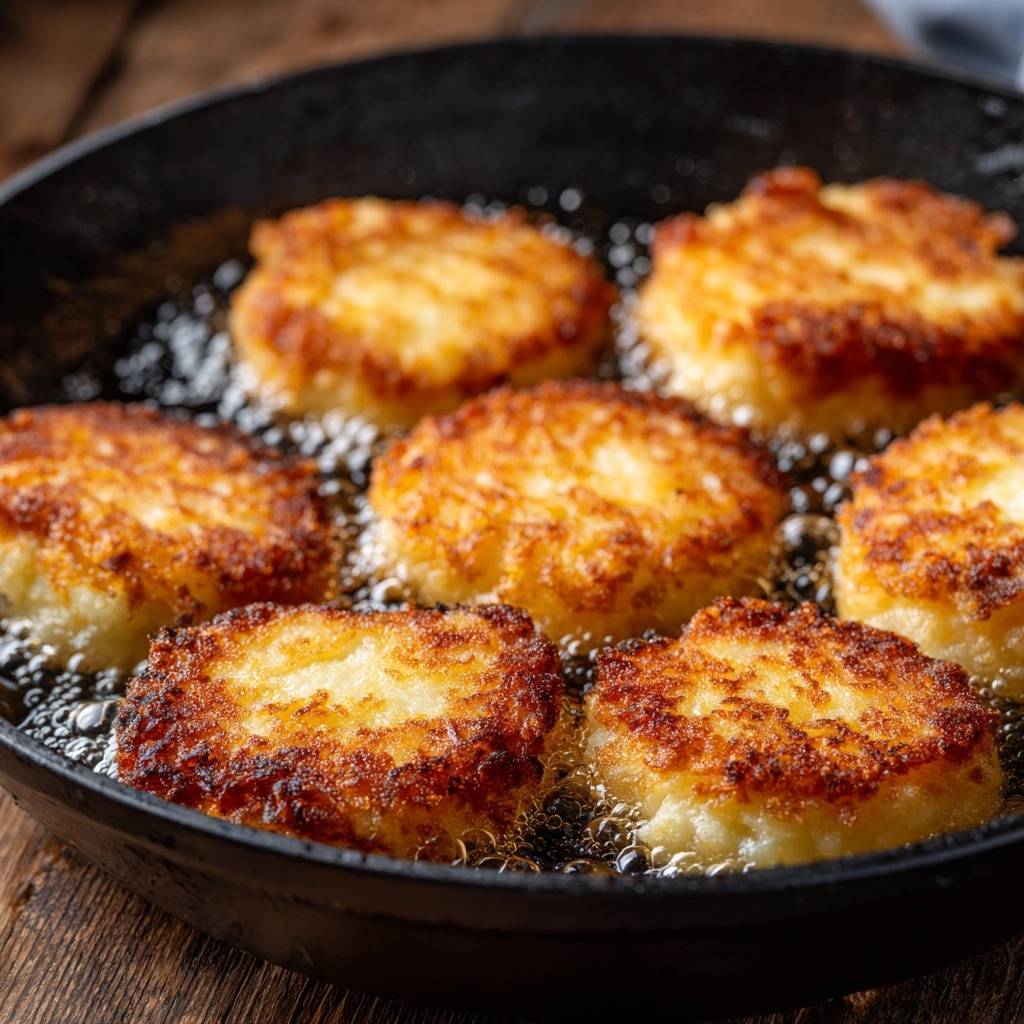 Knusprige Kartoffelreibekuchen werden in einer gusseisernen Pfanne goldbraun frittiert und sprudeln in heißem Öl.