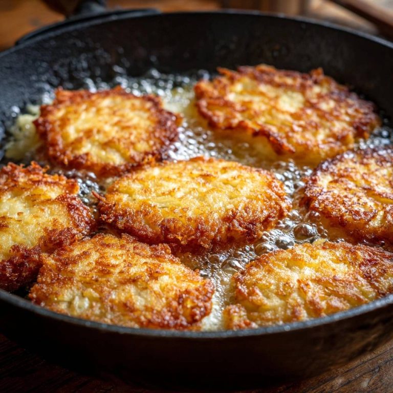 Knusprige Kartoffelreibekuchen werden in einer gusseisernen Pfanne goldbraun frittiert und sind bereit zum Servieren.