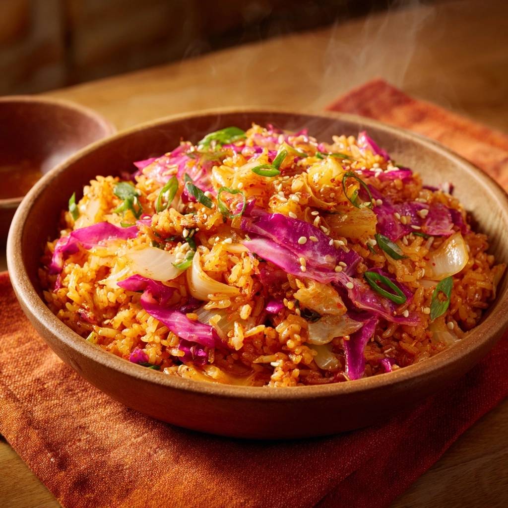 Kimchi Fried Rice, ein dampfender Teller mit roten Kohlstreifen und Frühlingszwiebeln, garniert mit Sesam.