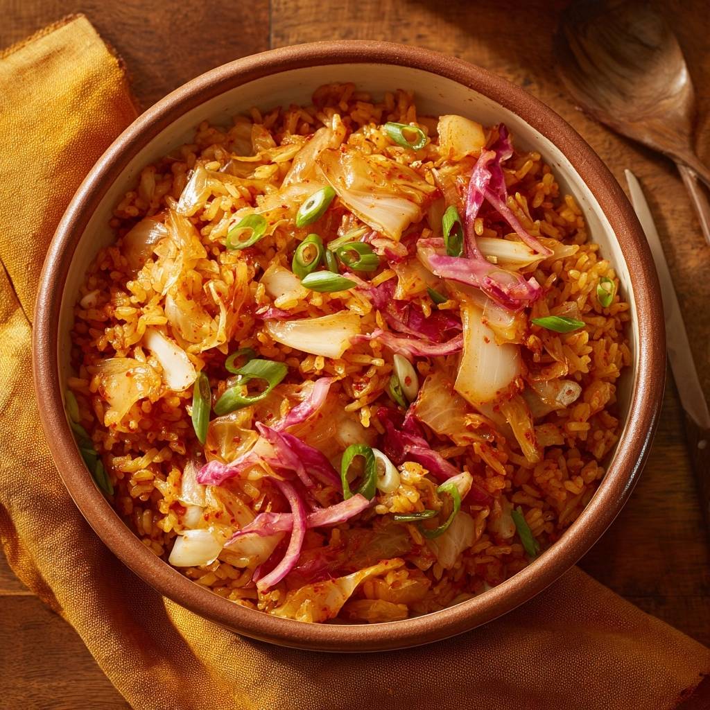 Kimchi Fried Rice in einer Schüssel, garniert mit Frühlingszwiebeln und roten Zwiebeln, aus der Vogelperspektive.