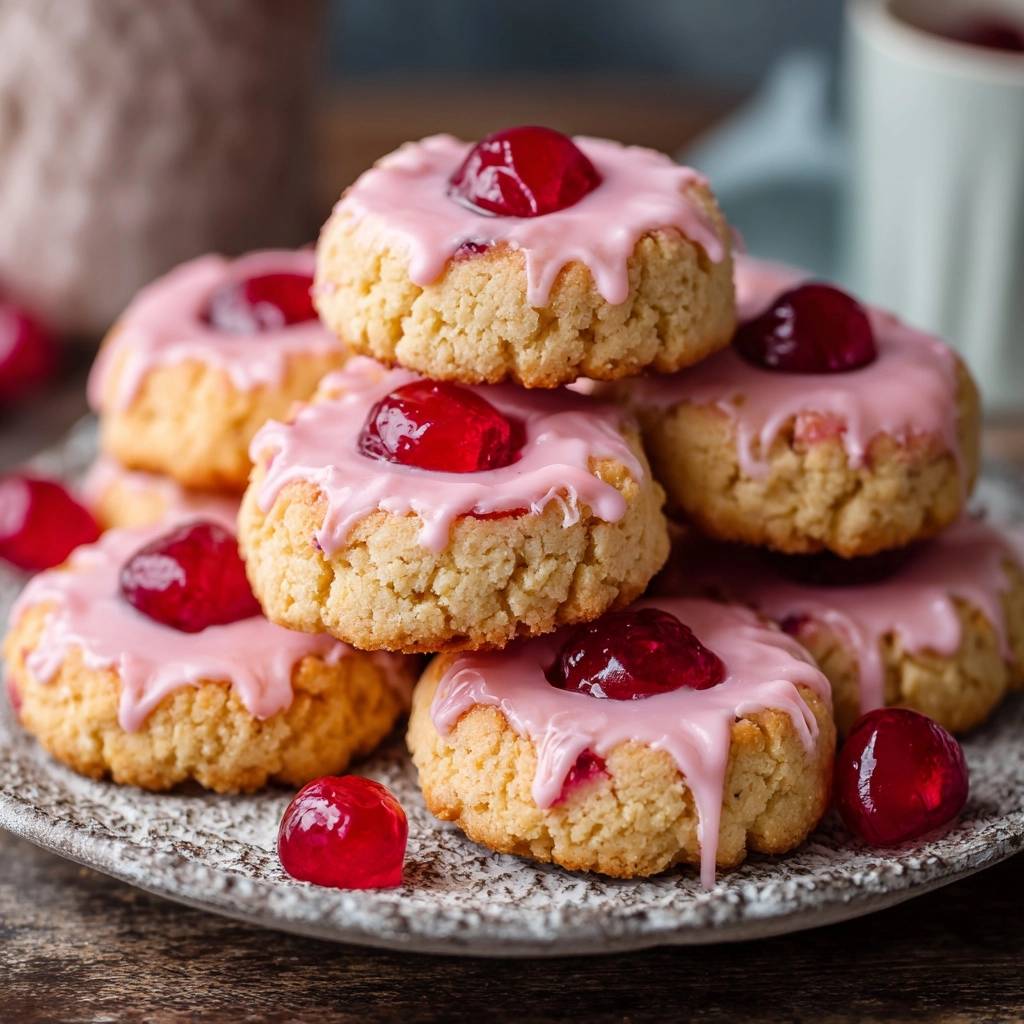 Kirsch-Mandel-Muldenkekse mit rosa Zuckerguss und Kirschen, Nahaufnahme der glasierten Oberfläche und des Keksrandes.