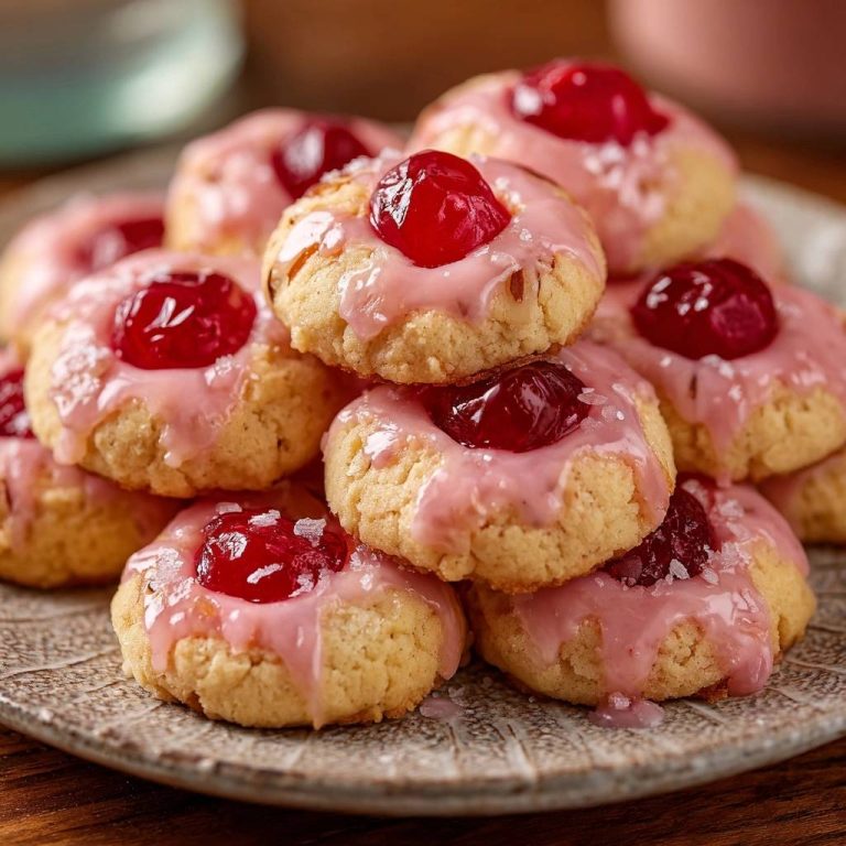Kirsch-Mandel-Muldenkekse mit rosa Zuckerguss und Kirschen, nahaufnahme des garnierten Gebäcks