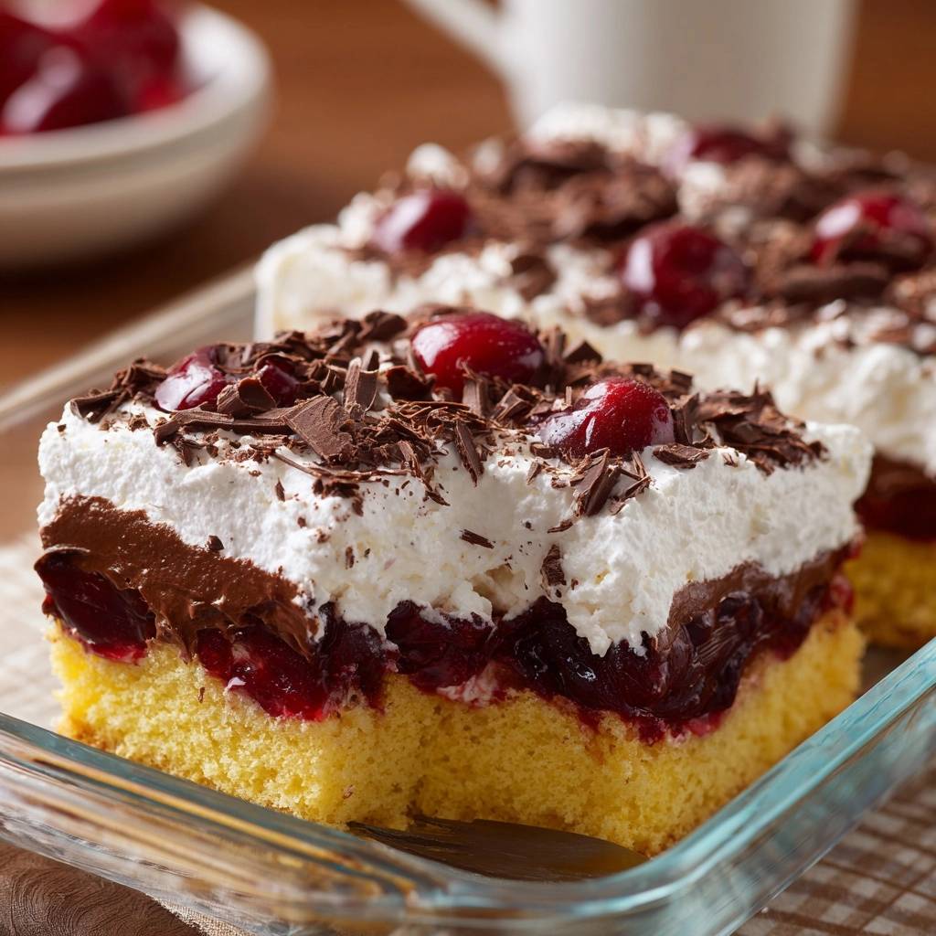 Kirsch-Schoko-Sahne-Kuchen als angeschnittener Kuchen mit Schokoladenraspel und Kirschen, Nahaufnahme