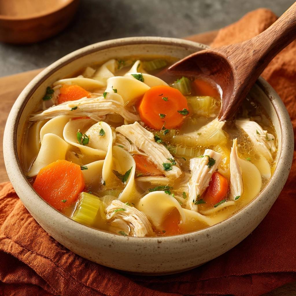 Klassische Hühner-Nudel-Suppe mit Nudeln, Karotten und Hühnchen, ein Holzlöffel ragt in die Schüssel.