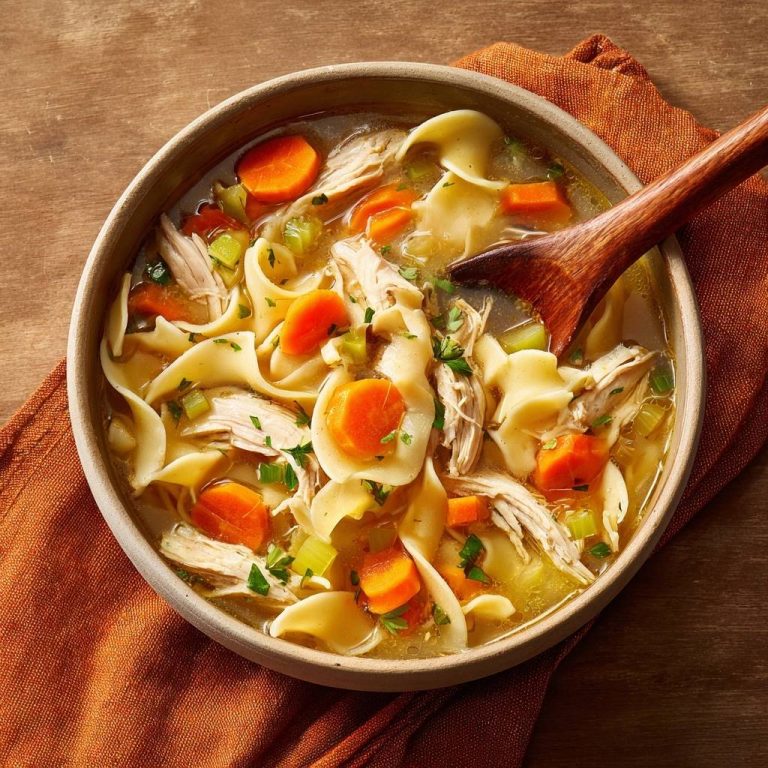 Klassische Hühner-Nudel-Suppe mit einem Holzlöffel, nah aufgenommen mit sichtbaren Nudeln, Karotten und Hühnerfleisch.