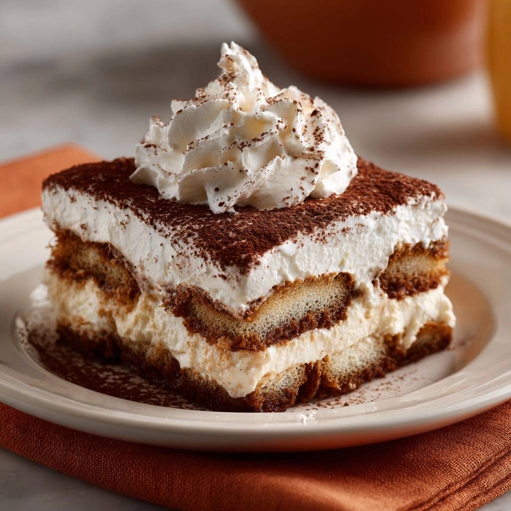 Klassisches Tiramisu als angeschnittene Portion mit einem Berg Sahne und Kakaopulver bestäubt auf einem Teller.