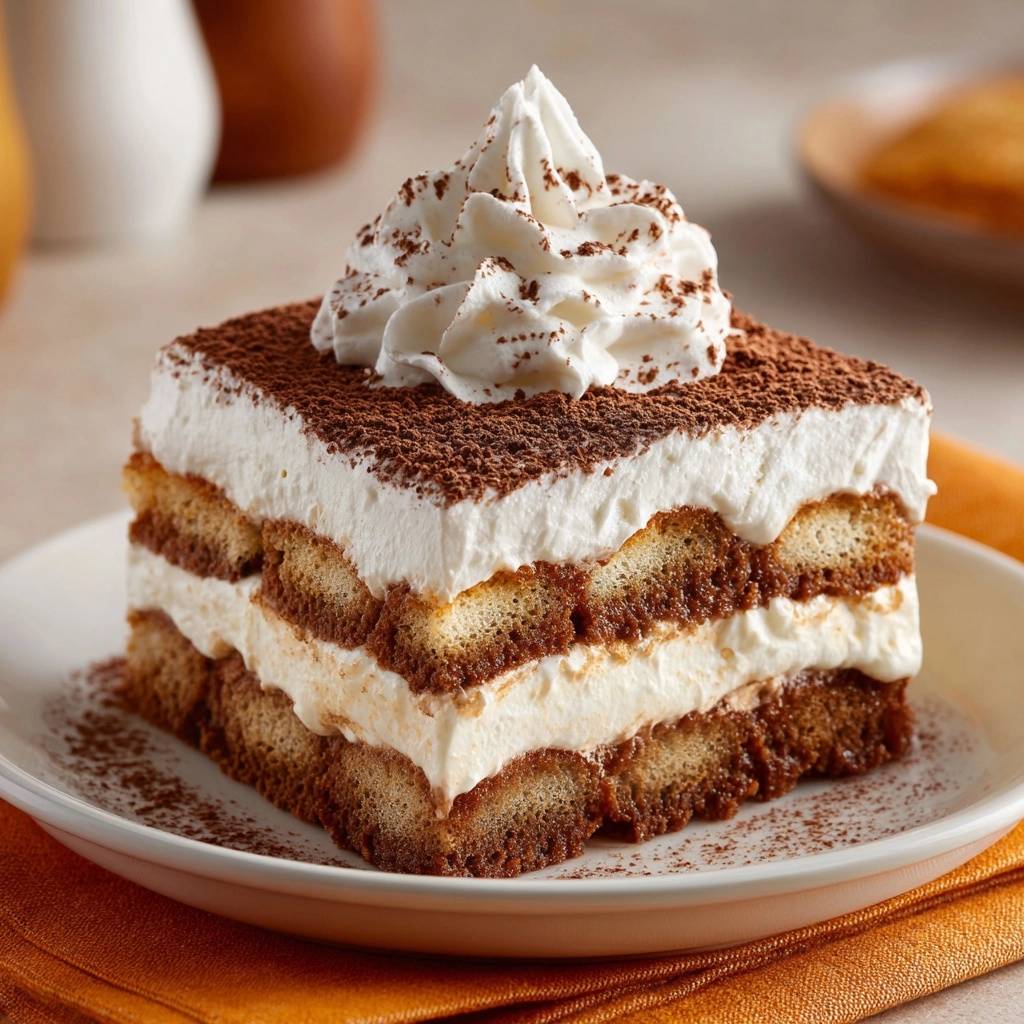 Klassisches Tiramisu als Nahaufnahme des angeschnittenen Stücks, das die Schichten von Löffelbiskuits und Creme zeigt.