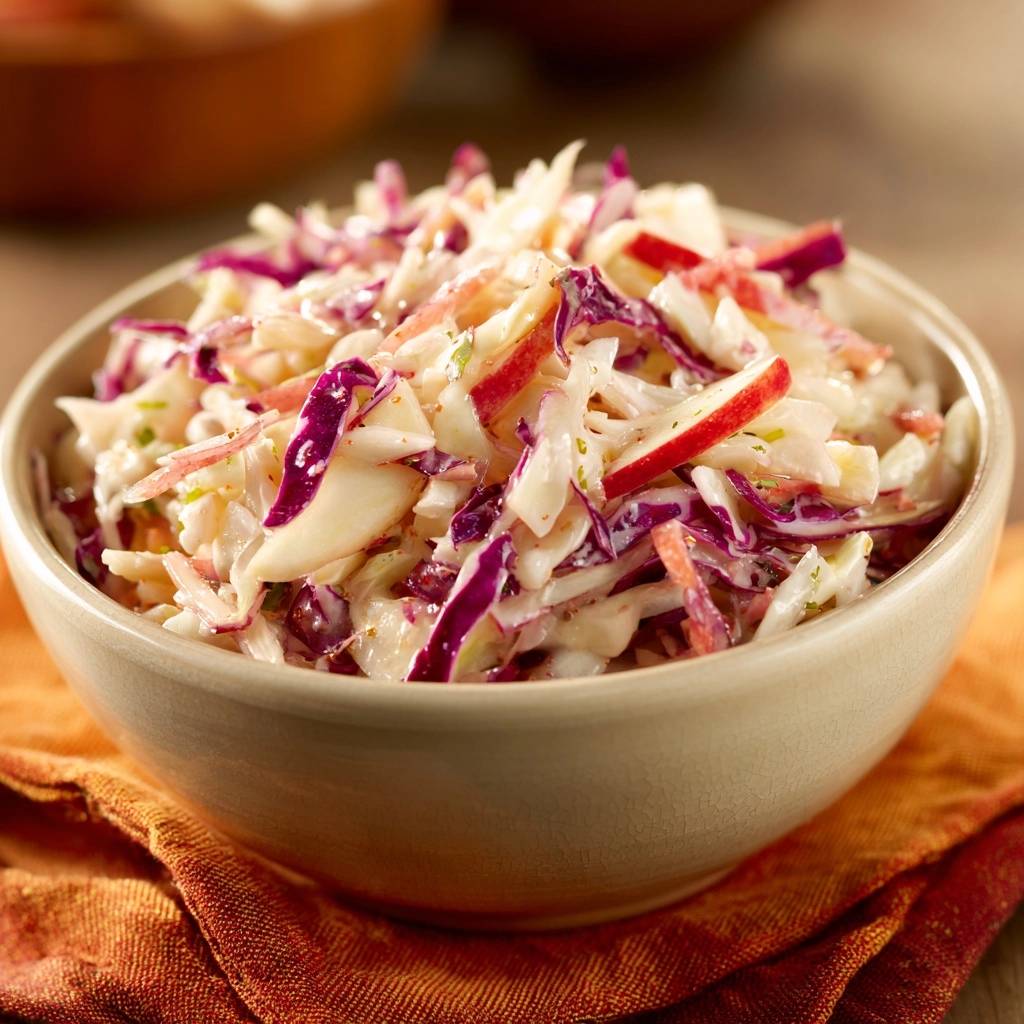 Knackfrischer Apfel-Coleslaw in einer Schüssel, Nahaufnahme der cremigen Textur und roten Apfelstücke.