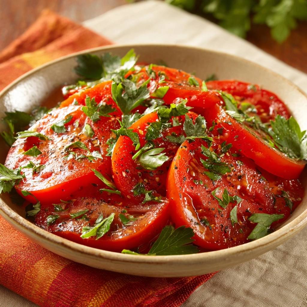 Knackige Tomaten mit Petersilie, eine Nahaufnahme der garnierten Tomatenscheiben in einer Schüssel.