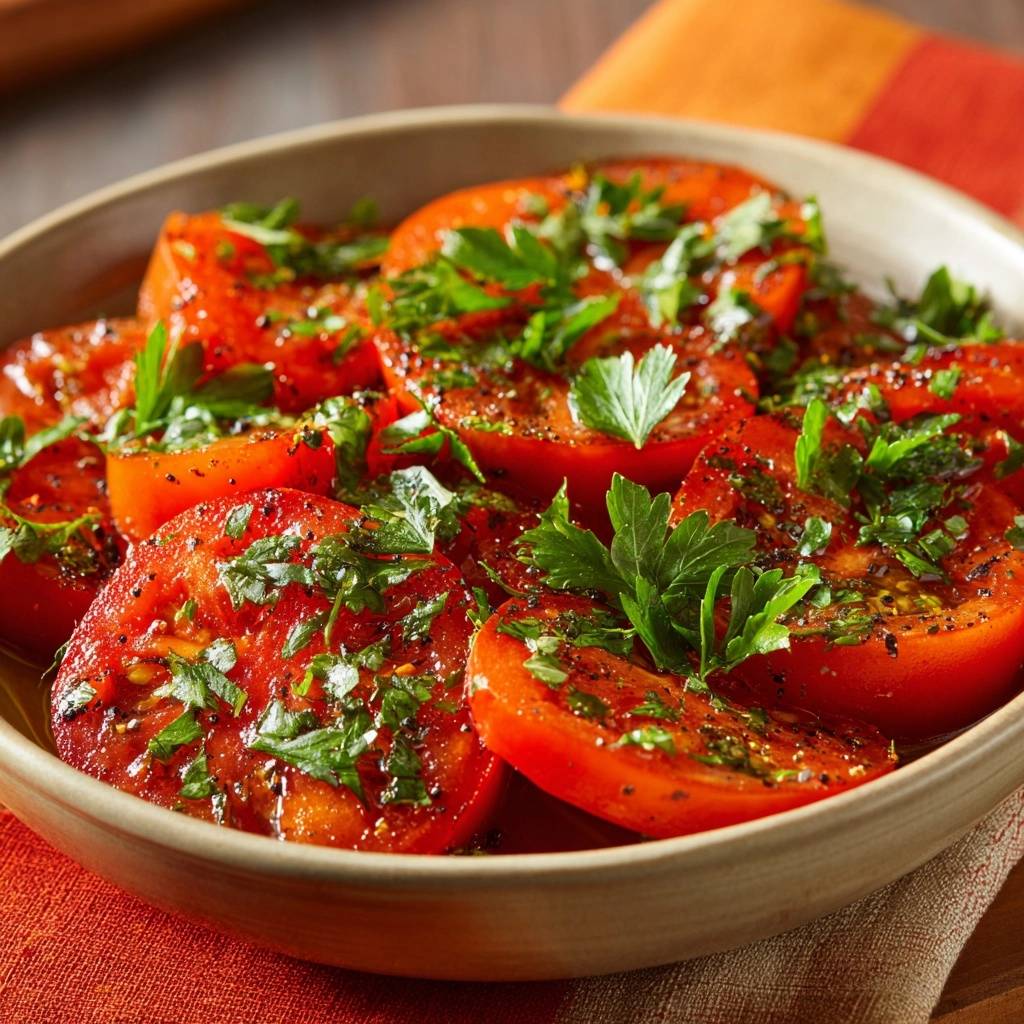 Knackige Tomaten mit Petersilie, nahaufnahme der geschnittenen Tomaten mit frischer Petersilie garniert.
