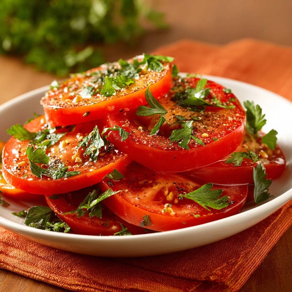 Knackige Tomatenscheiben mit Petersilie als Nahaufnahme mit feinen Gewürzen und frischen Kräutern garniert.