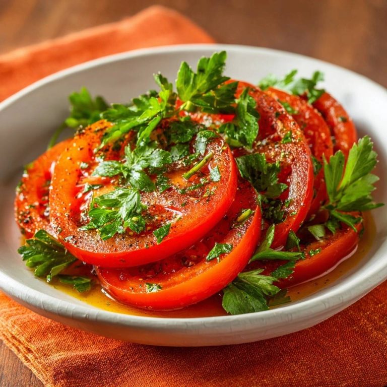 Knackige Tomatenscheiben mit Petersilie, nah aufgenommen mit feiner Würze und glänzender Marinade.