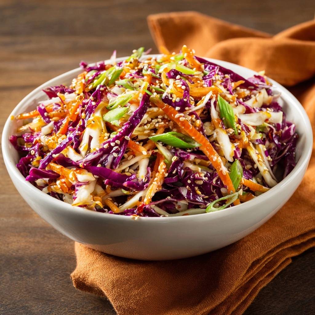 Knackiger asiatischer Krautsalat, serviert in einer weißen Schüssel mit Sesam und Frühlingszwiebeln, Nahaufnahme.